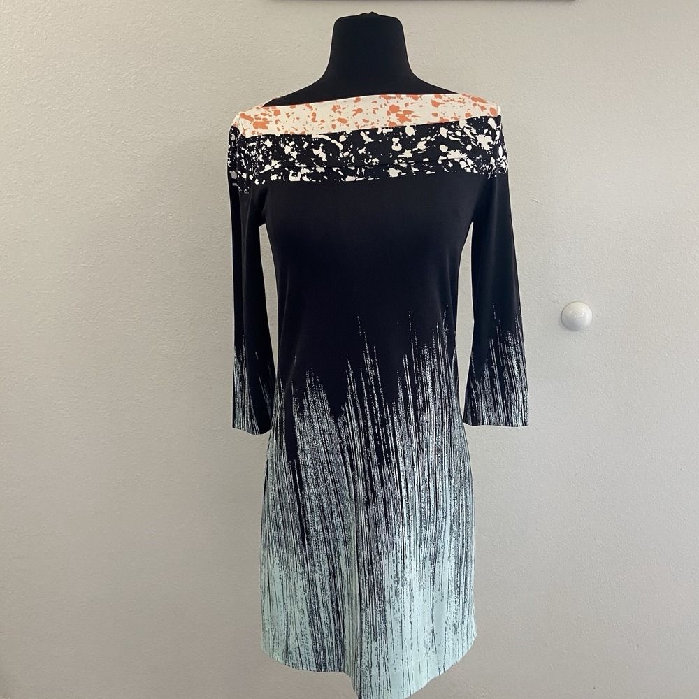 Diane Von Furstenberg Black Geo Print 100% Silk Women's‎ Dress Size 4 3/4 Sleeve